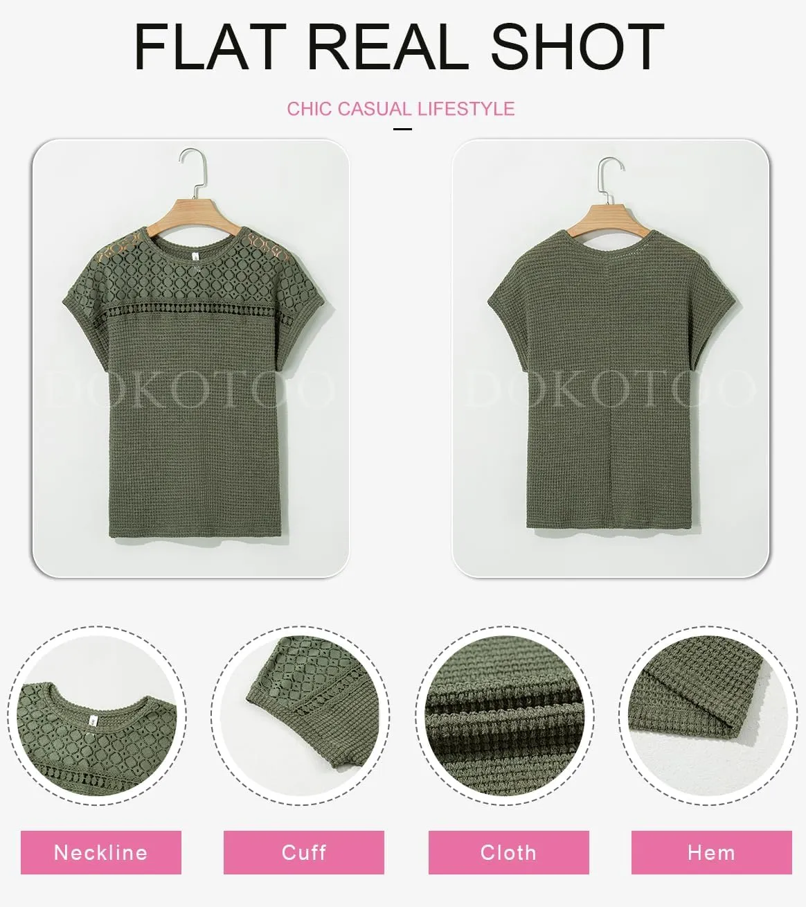 Dokotoo Women's Tops Casual Scoop Neck Short Sleeve Waffle Knit Hollow Out Shirts Loose Tunic Tops Blouses