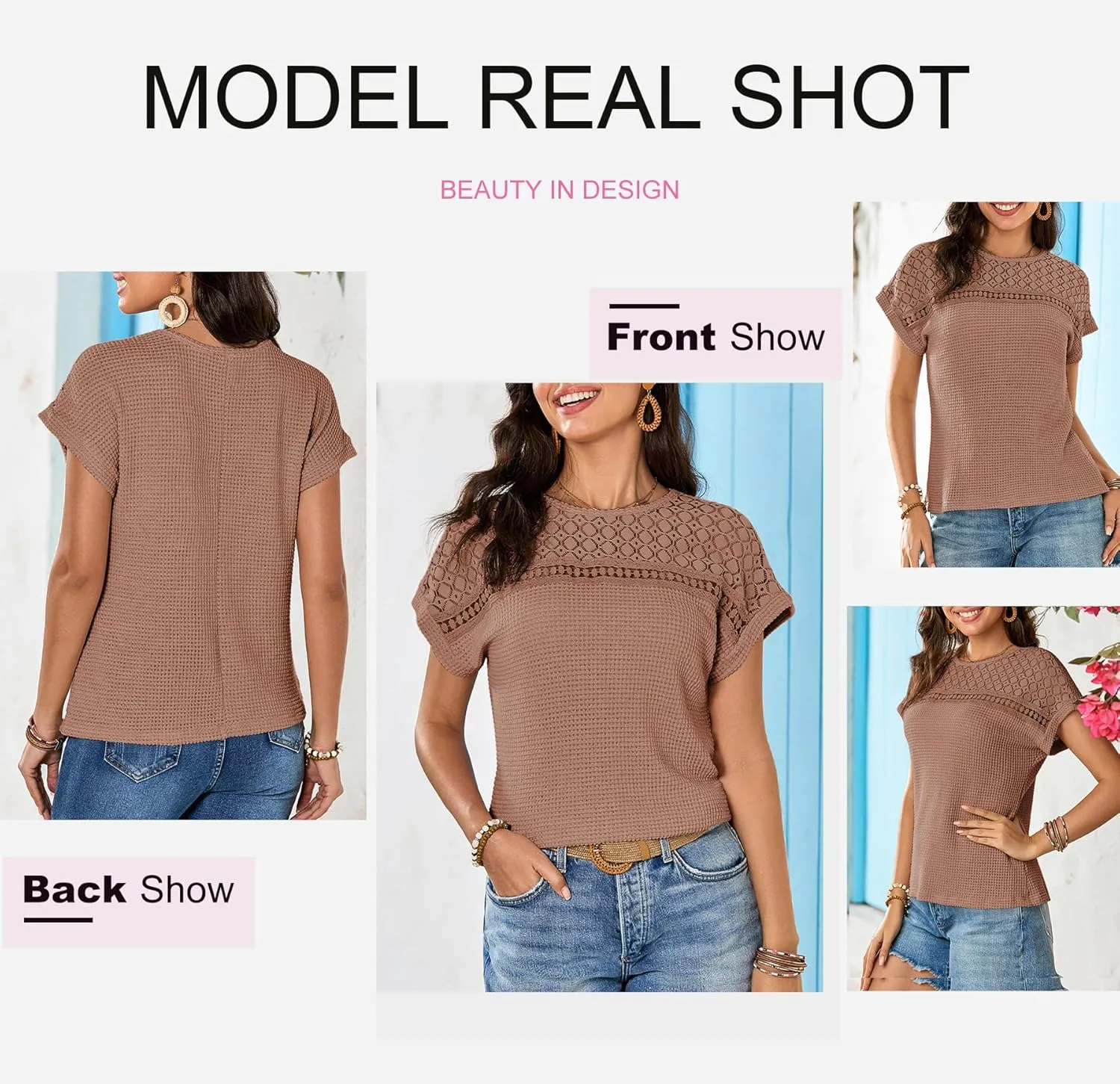 Dokotoo Women's Tops Casual Scoop Neck Short Sleeve Waffle Knit Hollow Out Shirts Loose Tunic Tops Blouses