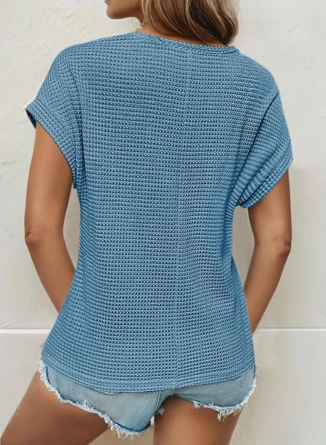 Dokotoo Women's Tops Casual Scoop Neck Short Sleeve Waffle Knit Hollow Out Shirts Loose Tunic Tops Blouses