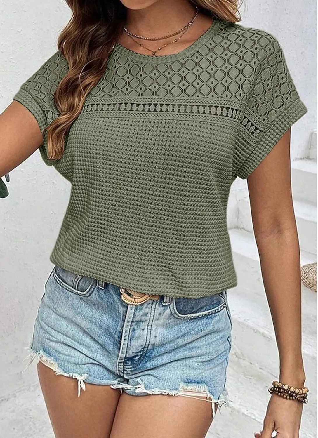 Dokotoo Women's Tops Casual Scoop Neck Short Sleeve Waffle Knit Hollow Out Shirts Loose Tunic Tops Blouses