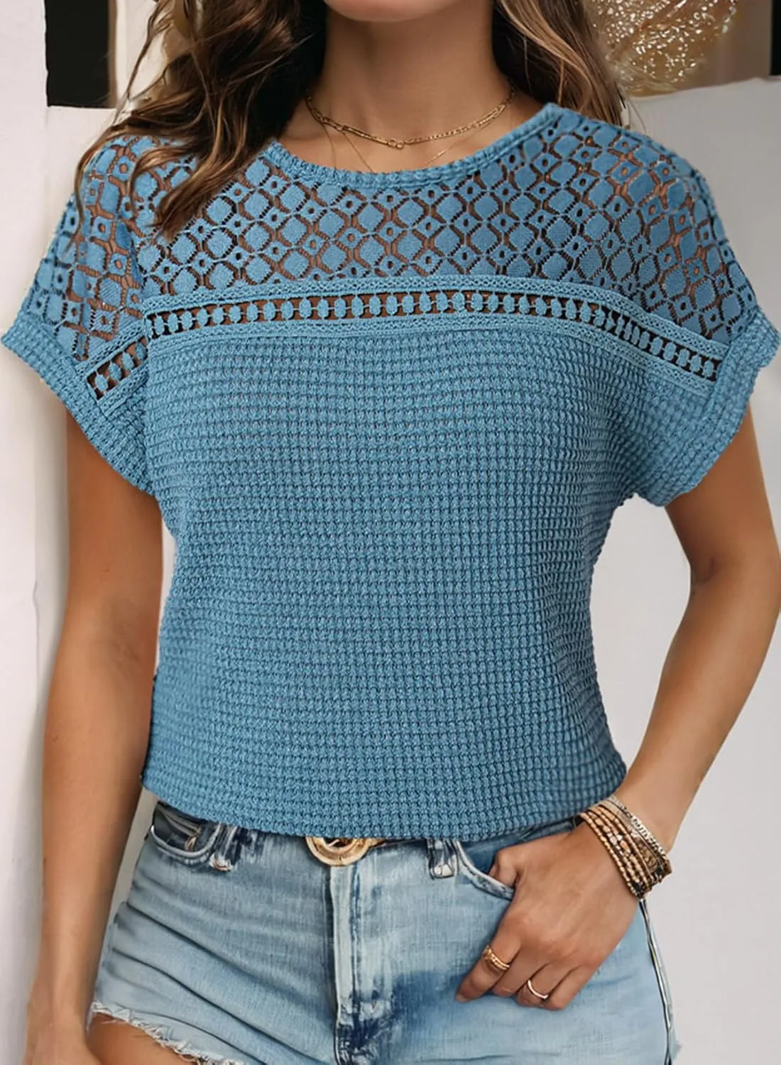 Dokotoo Women's Tops Casual Scoop Neck Short Sleeve Waffle Knit Hollow Out Shirts Loose Tunic Tops Blouses