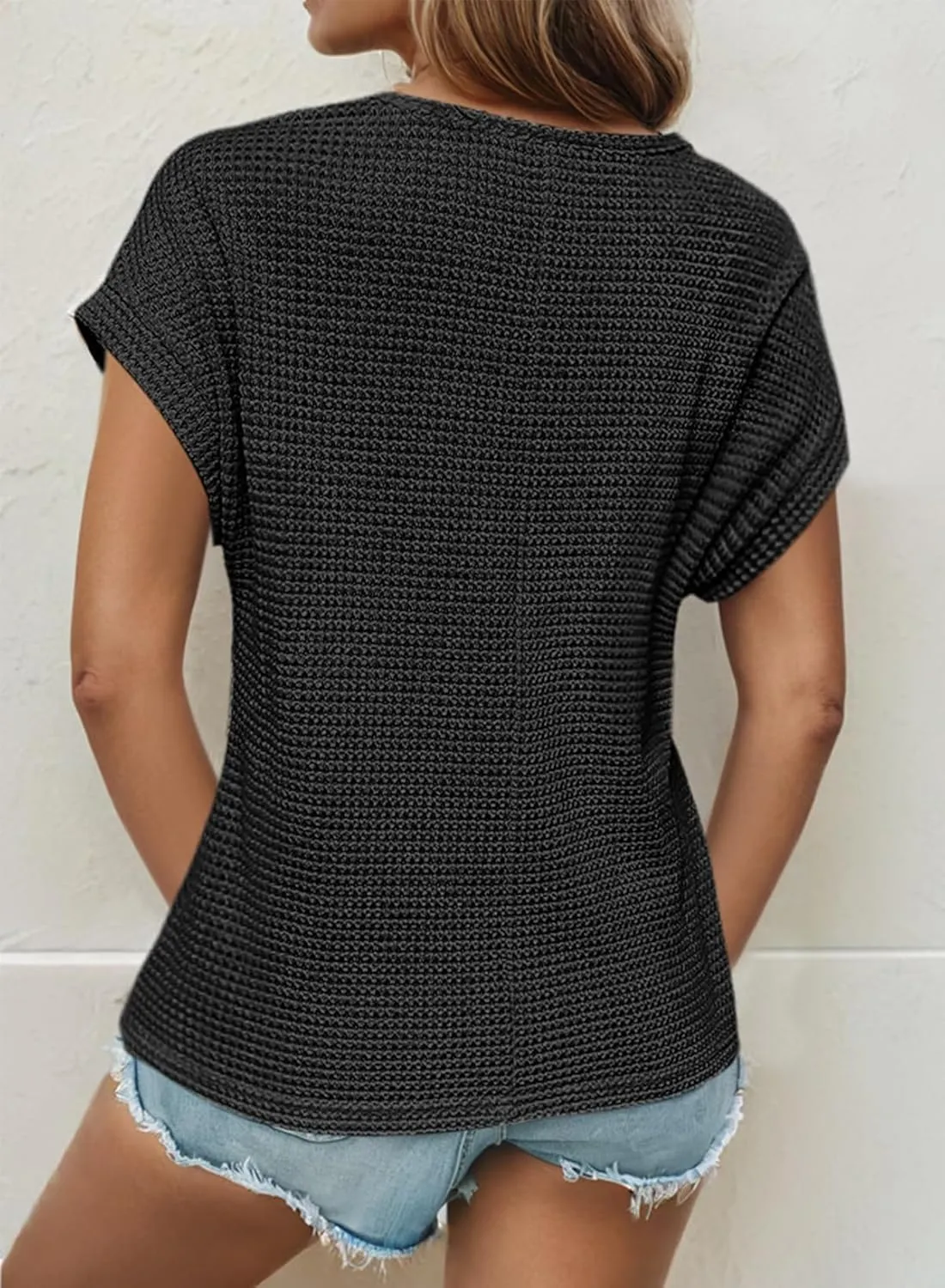 Dokotoo Women's Tops Casual Scoop Neck Short Sleeve Waffle Knit Hollow Out Shirts Loose Tunic Tops Blouses