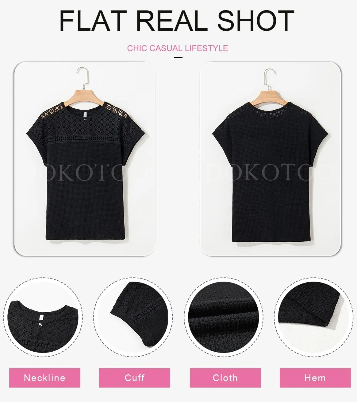 Dokotoo Women's Tops Casual Scoop Neck Short Sleeve Waffle Knit Hollow Out Shirts Loose Tunic Tops Blouses