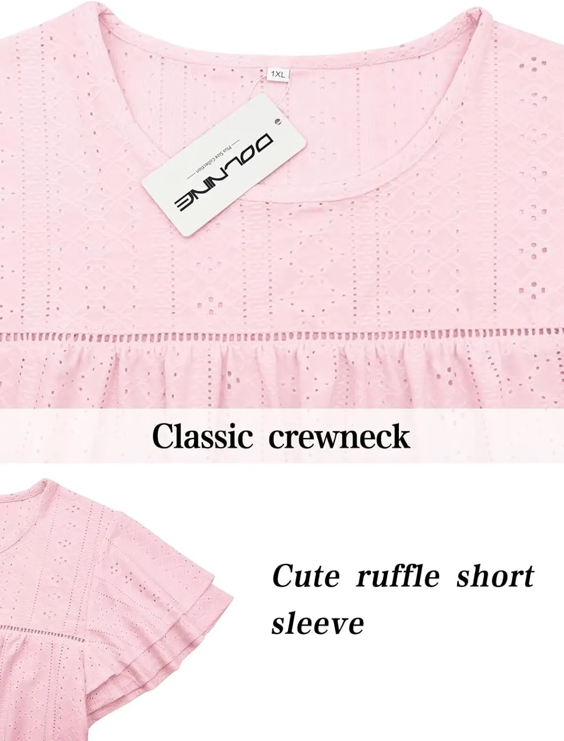 DOLNINE Womens Plus Size Summer Tops Crewneck Eyelet Ruffle Sleeve Boho Blouses Dressy Casual Babydoll Shirts
