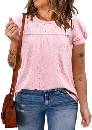 DOLNINE Womens Plus Size Summer Tops Crewneck Eyelet Ruffle Sleeve Boho Blouses Dressy Casual Babydoll Shirts