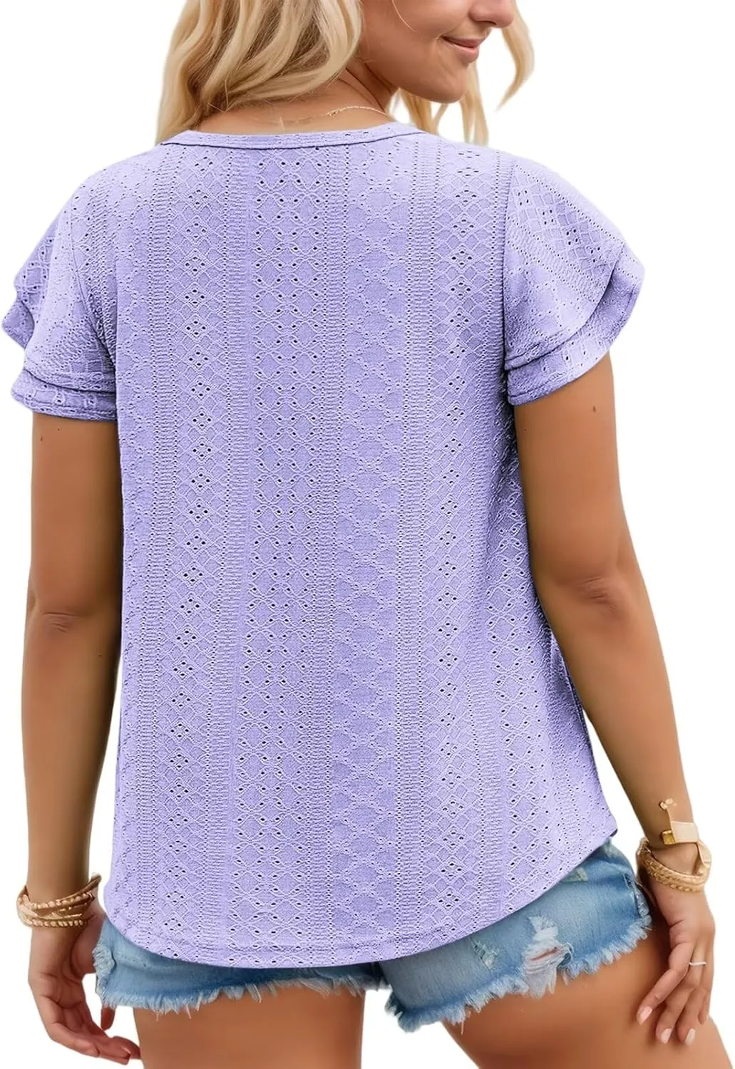 DOLNINE Womens Plus Size Summer Tops Crewneck Eyelet Ruffle Sleeve Boho Blouses Dressy Casual Babydoll Shirts