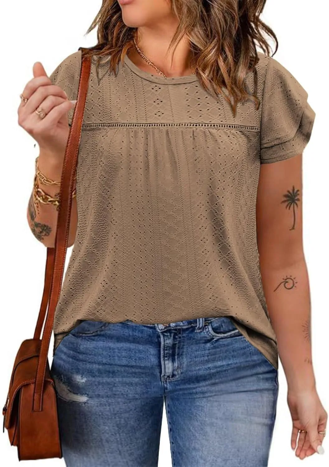 DOLNINE Womens Plus Size Summer Tops Crewneck Eyelet Ruffle Sleeve Boho Blouses Dressy Casual Babydoll Shirts