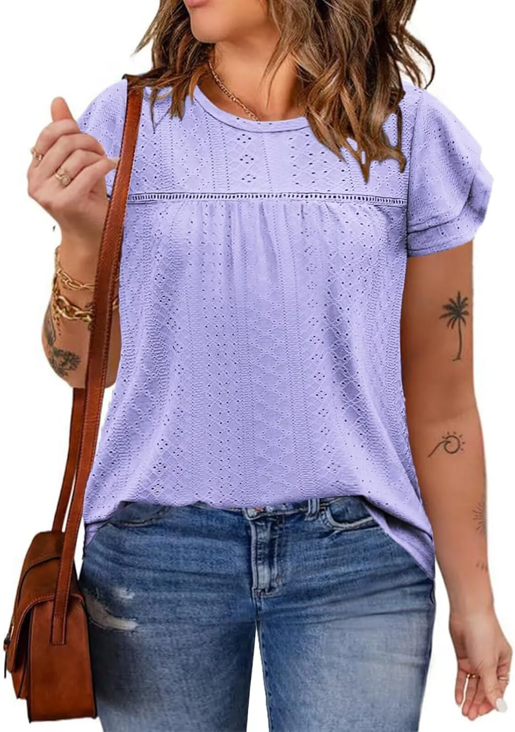 DOLNINE Womens Plus Size Summer Tops Crewneck Eyelet Ruffle Sleeve Boho Blouses Dressy Casual Babydoll Shirts