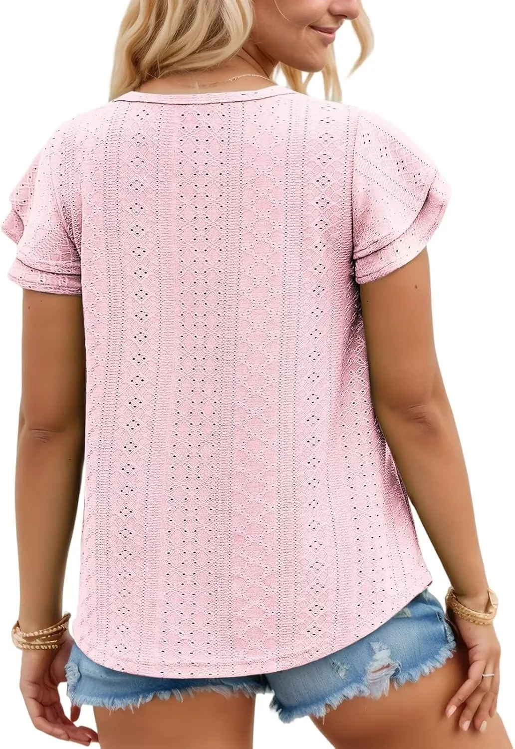 DOLNINE Womens Plus Size Summer Tops Crewneck Eyelet Ruffle Sleeve Boho Blouses Dressy Casual Babydoll Shirts