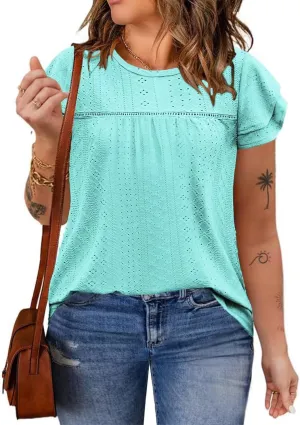 DOLNINE Womens Plus Size Summer Tops Crewneck Eyelet Ruffle Sleeve Boho Blouses Dressy Casual Babydoll Shirts