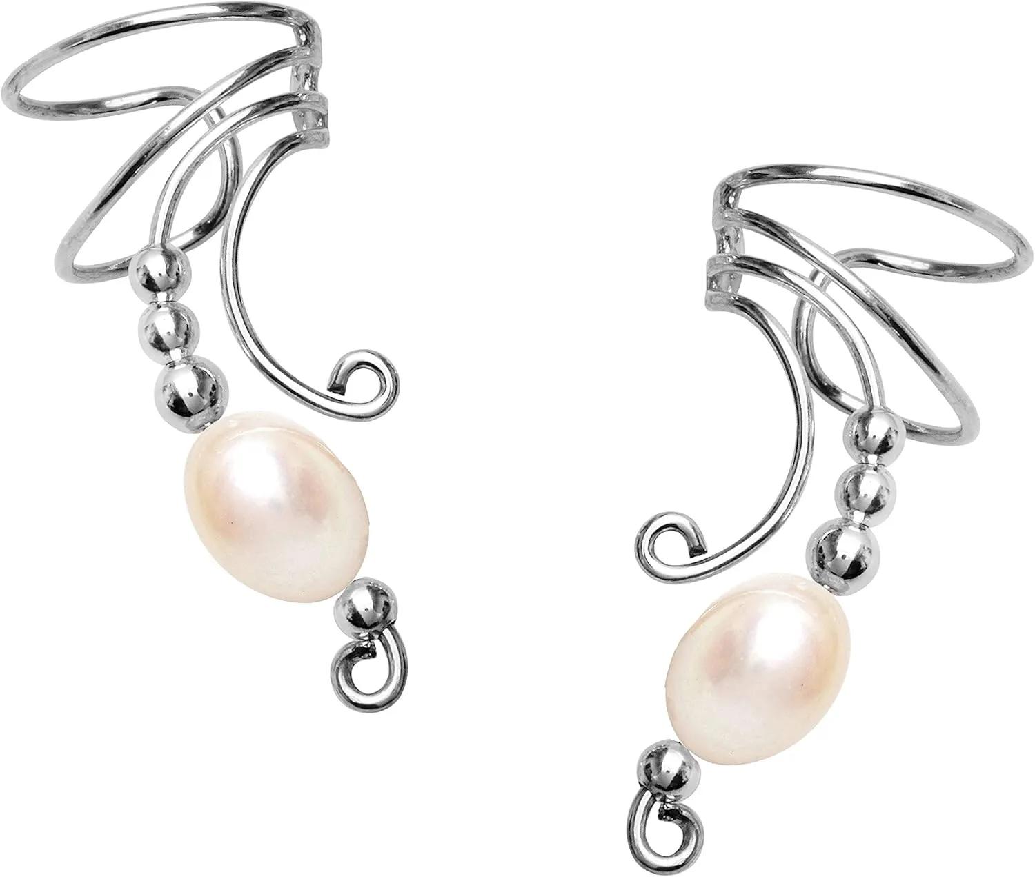 Ear Charms Long Wave Ear Cuff Nonpierced Earring Wraps with Freshwater Pearl Sterling Silver Beaded