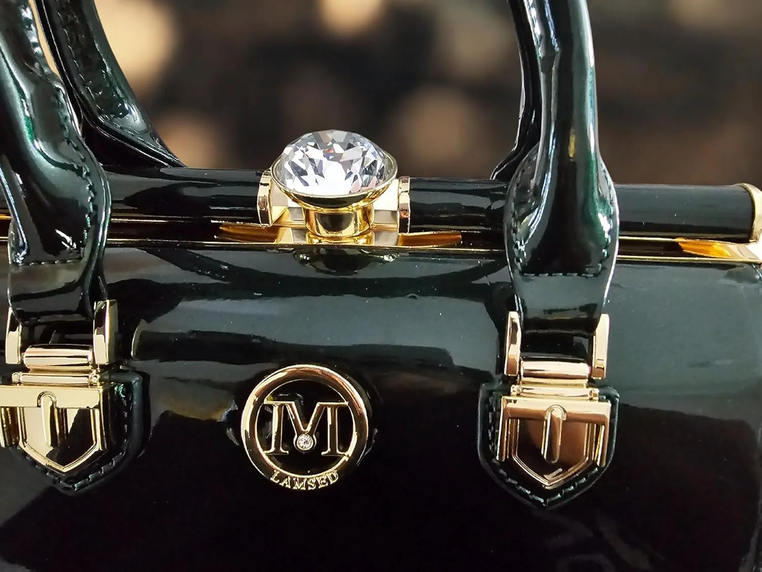 Elegant Patent Leather Handbag, Black with Gold Hardware, Crystal Accent, Mini Satchel Style