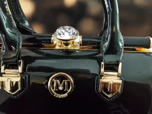 Elegant Patent Leather Handbag, Black with Gold Hardware, Crystal Accent, Mini Satchel Style