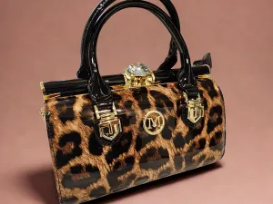Elegant Patent Leather Handbag, Black with Gold Hardware, Crystal Accent, Mini Satchel Style