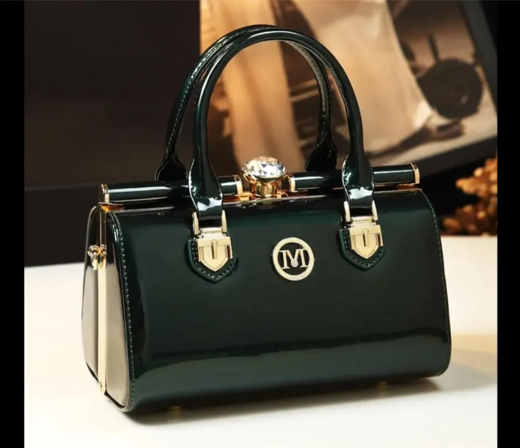 Elegant Patent Leather Handbag, Black with Gold Hardware, Crystal Accent, Mini Satchel Style