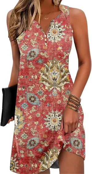 ETCYY Womens Sundresses for Beach Dress Vacation 2025 Boho Floral Printed Casual Button V Neck Sleeveless Summer Dresses