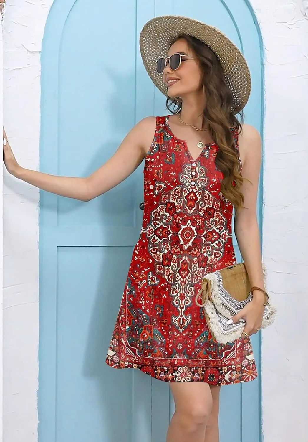 ETCYY Womens Sundresses for Beach Dress Vacation 2025 Boho Floral Printed Casual Button V Neck Sleeveless Summer Dresses