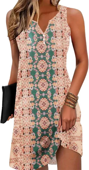 ETCYY Womens Sundresses for Beach Dress Vacation 2025 Boho Floral Printed Casual Button V Neck Sleeveless Summer Dresses