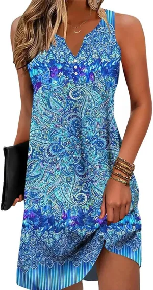 ETCYY Womens Sundresses for Beach Dress Vacation 2025 Boho Floral Printed Casual Button V Neck Sleeveless Summer Dresses