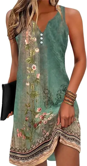 ETCYY Womens Sundresses for Beach Dress Vacation 2025 Boho Floral Printed Casual Button V Neck Sleeveless Summer Dresses