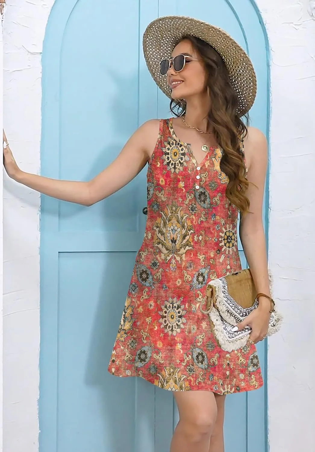 ETCYY Womens Sundresses for Beach Dress Vacation 2025 Boho Floral Printed Casual Button V Neck Sleeveless Summer Dresses