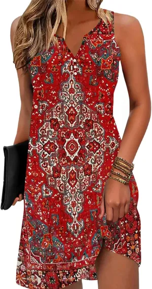 ETCYY Womens Sundresses for Beach Dress Vacation 2025 Boho Floral Printed Casual Button V Neck Sleeveless Summer Dresses