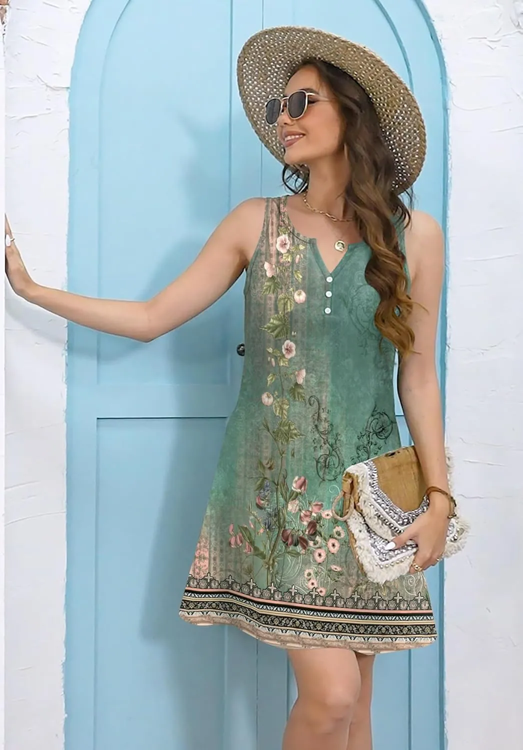 ETCYY Womens Sundresses for Beach Dress Vacation 2025 Boho Floral Printed Casual Button V Neck Sleeveless Summer Dresses