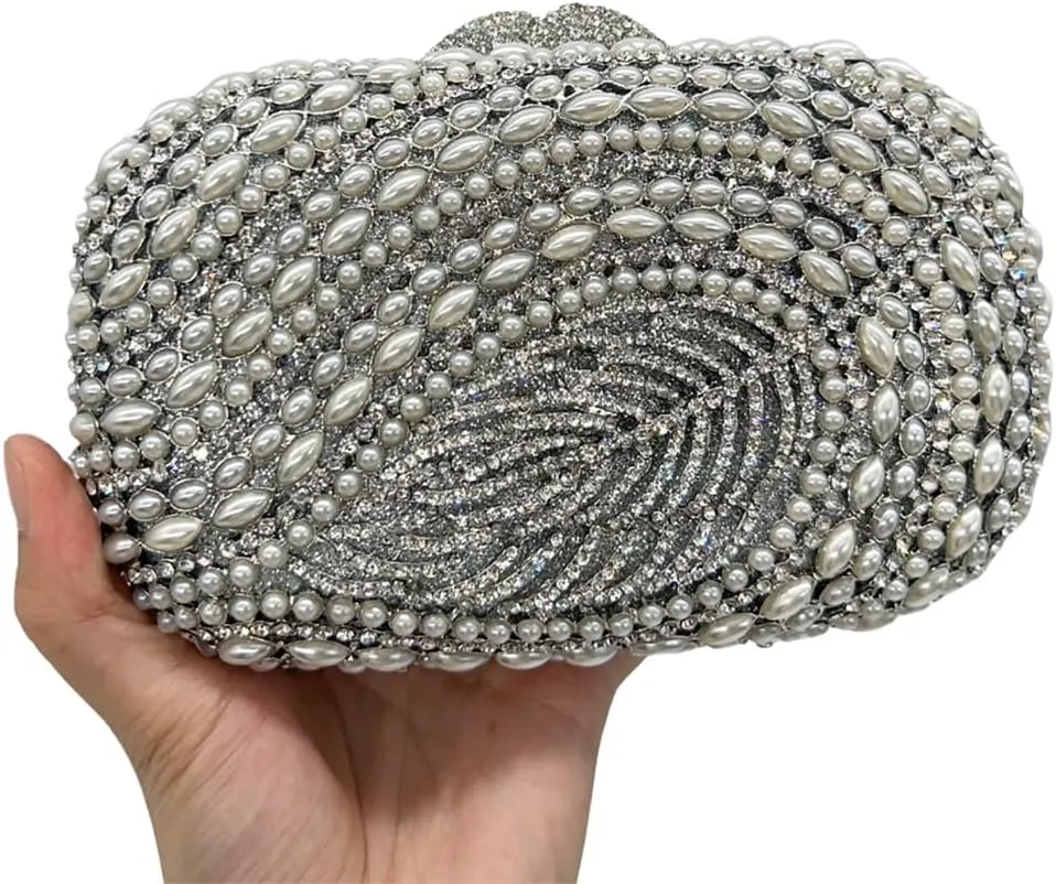 Exquisite Gemstone Leaf Evening Bag for Women Pearl Clutch Purse with Detachable Chain Dance Ball Cocktail Bag