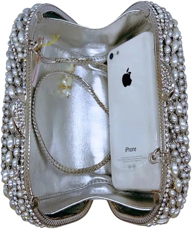 Exquisite Gemstone Leaf Evening Bag for Women Pearl Clutch Purse with Detachable Chain Dance Ball Cocktail Bag