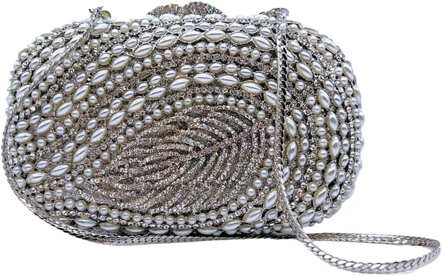Exquisite Gemstone Leaf Evening Bag for Women Pearl Clutch Purse with Detachable Chain Dance Ball Cocktail Bag