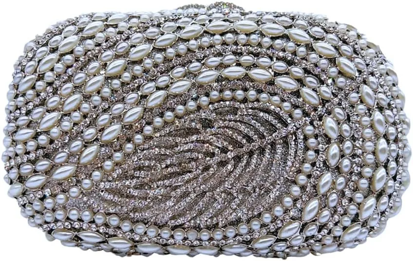 Exquisite Gemstone Leaf Evening Bag for Women Pearl Clutch Purse with Detachable Chain Dance Ball Cocktail Bag