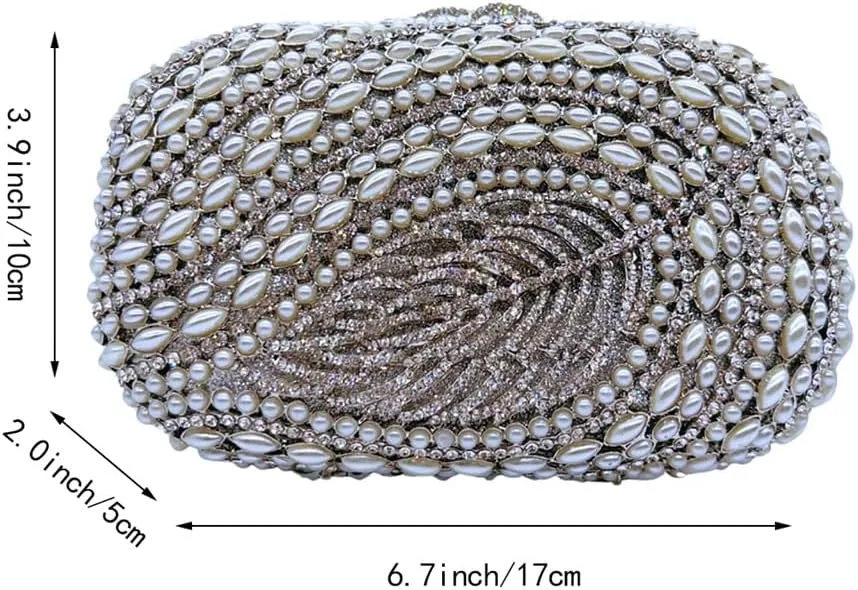 Exquisite Gemstone Leaf Evening Bag for Women Pearl Clutch Purse with Detachable Chain Dance Ball Cocktail Bag