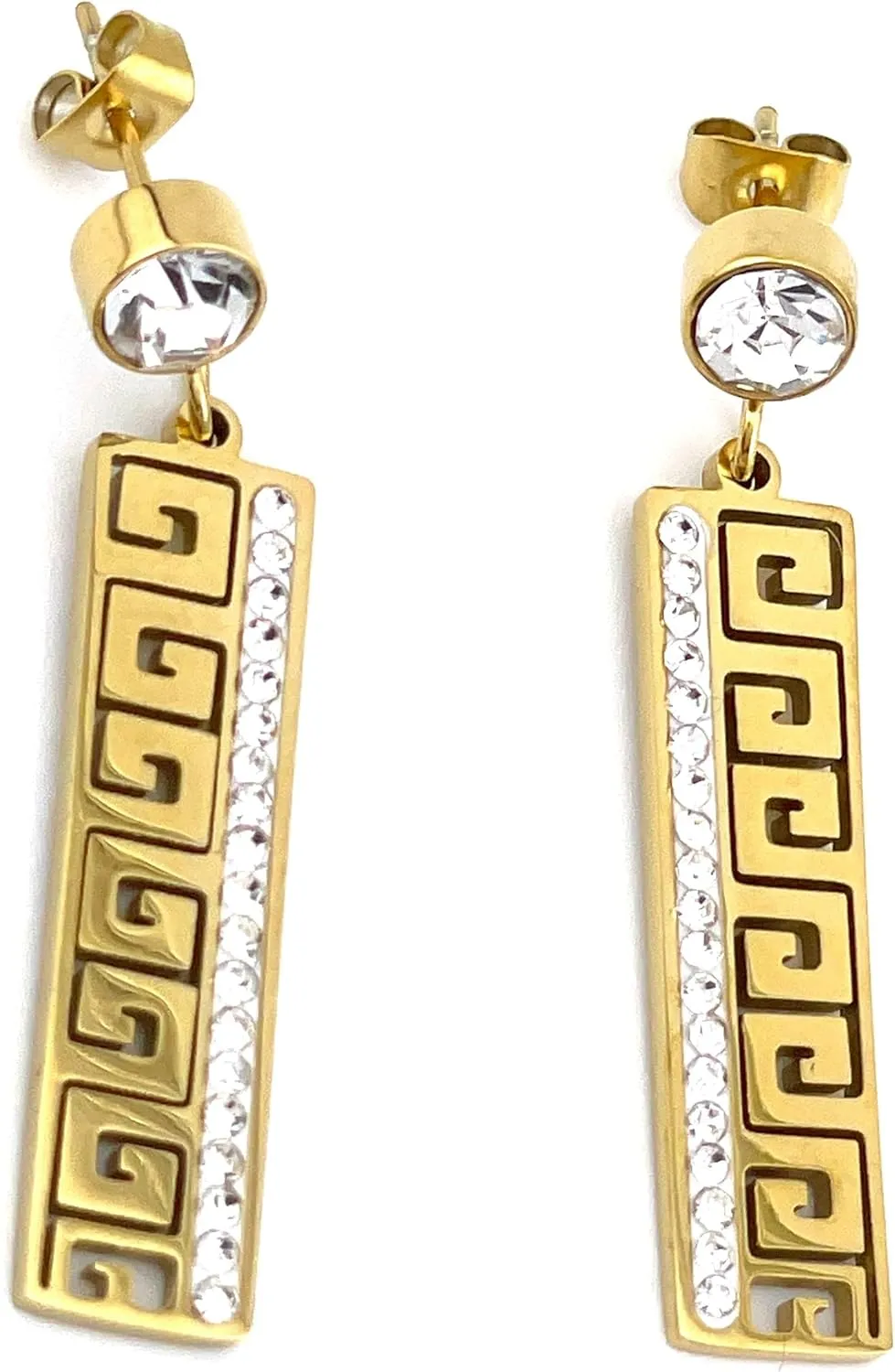 Exquisite HANDMADE Formal Minimalist Eternity 18k Gold Silver Jewellery Greek Key Earrings Gift Meander Eternity Greek Jewelry for Bride Bridesmaids Wedding 42 Austrian Crystal Diamond Pierre Lorren
