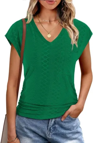 Eyelet Womens Tops Cap Sleeve V Neck T Shirts for Women Casual Loose Basic Tee Summer Shirts 2025 Trendy Clothes