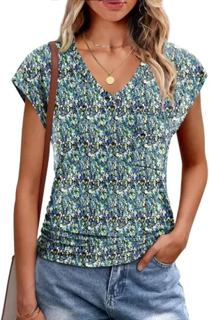 Eyelet Womens Tops Cap Sleeve V Neck T Shirts for Women Casual Loose Basic Tee Summer Shirts 2025 Trendy Clothes
