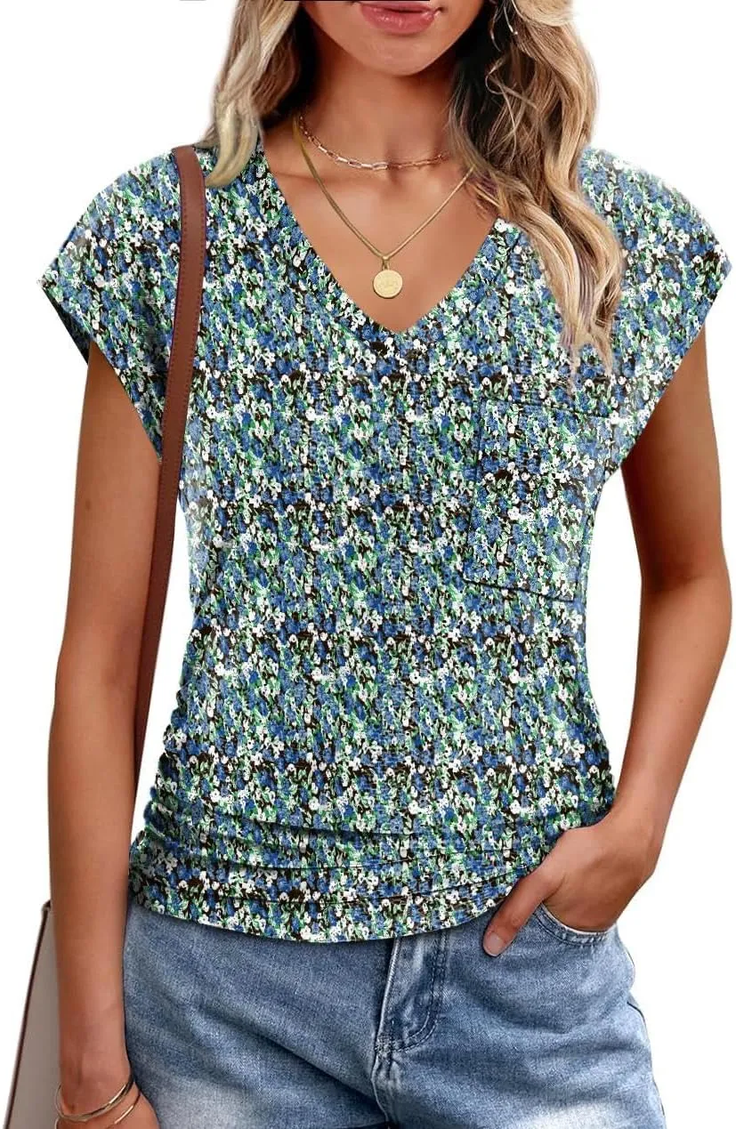 Eyelet Womens Tops Cap Sleeve V Neck T Shirts for Women Casual Loose Basic Tee Summer Shirts 2025 Trendy Clothes