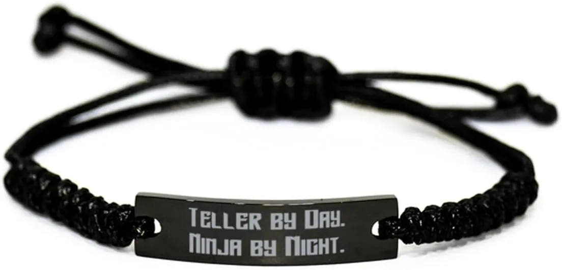 Fancy Teller Gifts, Teller by Day. Ninja by Night, Cute Black Rope Bracelet For Colleagues, Engraved Bracelet From Friends, Wristband, Friendship bracelet, Macrame bracelet, Beaded bracelet,