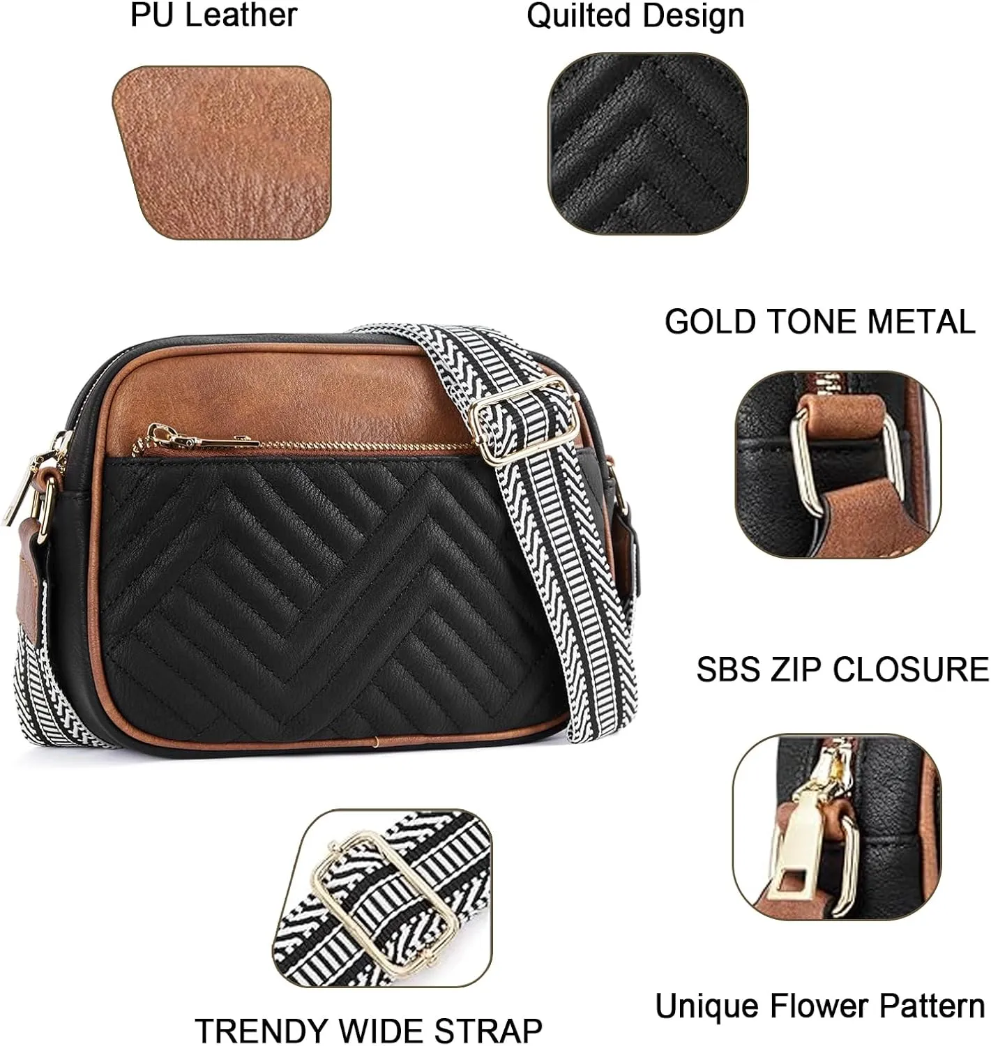 Fashion Crossbody Bags for Women Vegan Leather Quilted Crossbody Purses Shoulder Bag with Wide Strap