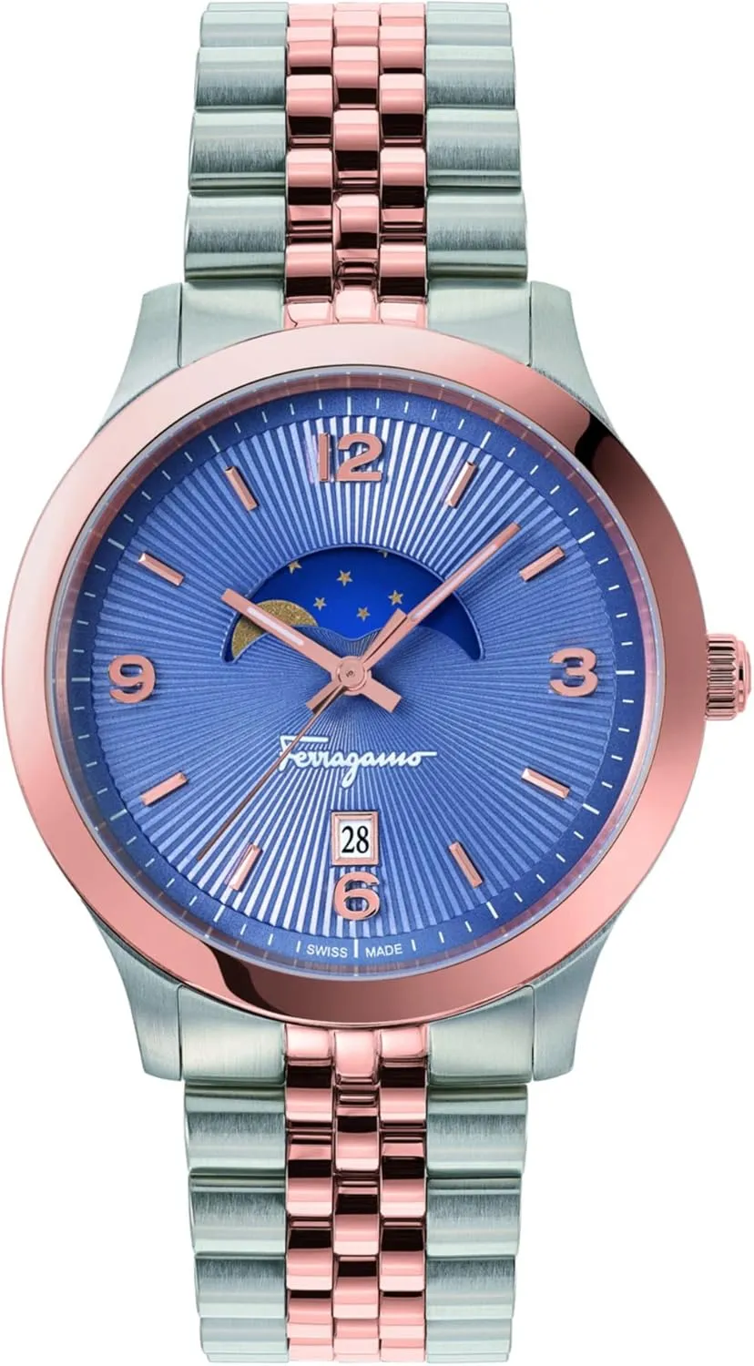 Ferragamo Ferragamo Duo Moonphase Collection Luxury Mens Watch Timepieces with a Two Tone Bracelet and Case Featuring a Blue Dial