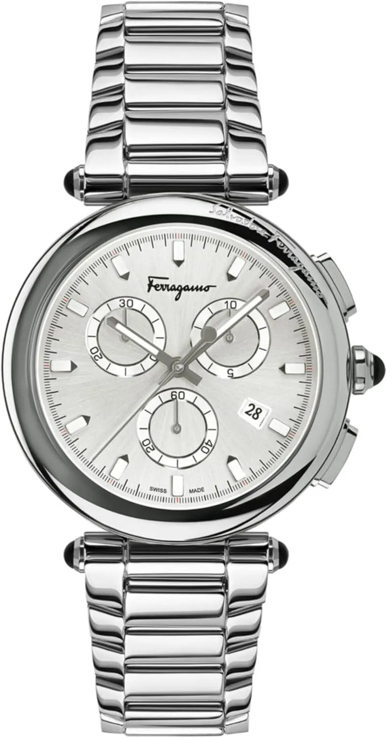 Ferragamo Idillio Chrono Collection Luxury Mens Watch Timepieces with a Stainless Steel Bracelet and Case Featuring a Silver Dial
