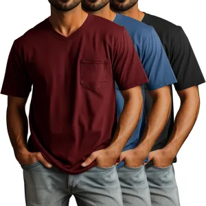 Ficerd 3 Pack Men's V Neck T Shirts Short Sleeve Plus Size Tee Loose Casual Top Cotton Basic Oversized Shirts with Pocket