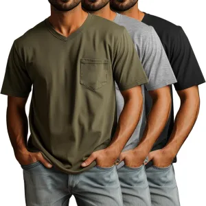 Ficerd 3 Pack Men's V Neck T Shirts Short Sleeve Plus Size Tee Loose Casual Top Cotton Basic Oversized Shirts with Pocket