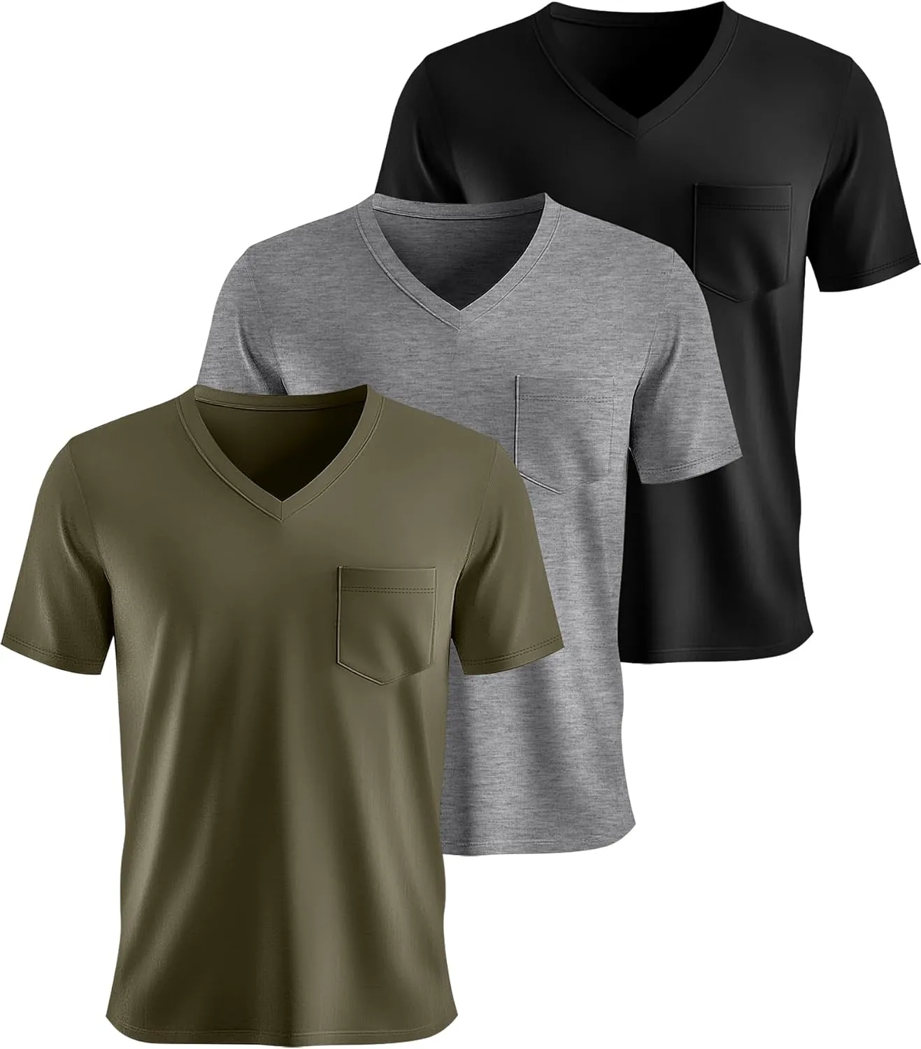 Ficerd 3 Pack Men's V Neck T Shirts Short Sleeve Plus Size Tee Loose Casual Top Cotton Basic Oversized Shirts with Pocket