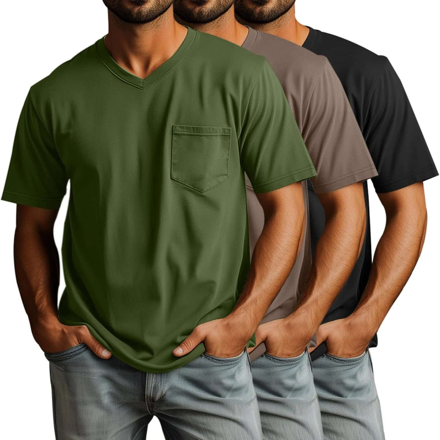 Ficerd 3 Pack Men's V Neck T Shirts Short Sleeve Plus Size Tee Loose Casual Top Cotton Basic Oversized Shirts with Pocket