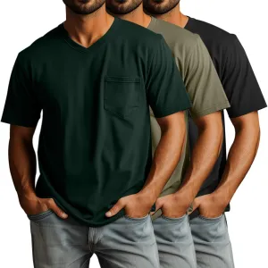 Ficerd 3 Pack Men's V Neck T Shirts Short Sleeve Plus Size Tee Loose Casual Top Cotton Basic Oversized Shirts with Pocket
