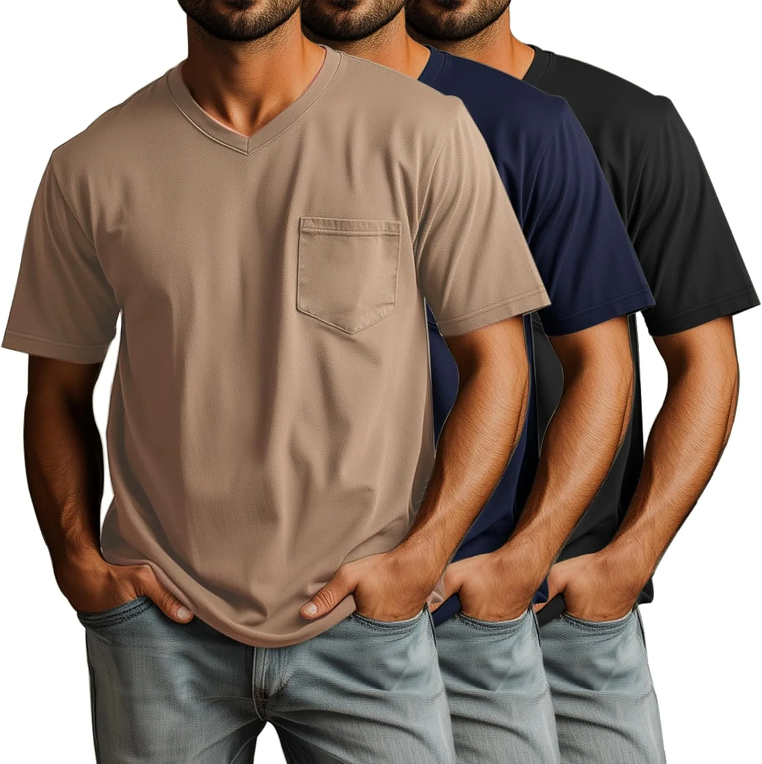 Ficerd 3 Pack Men's V Neck T Shirts Short Sleeve Plus Size Tee Loose Casual Top Cotton Basic Oversized Shirts with Pocket