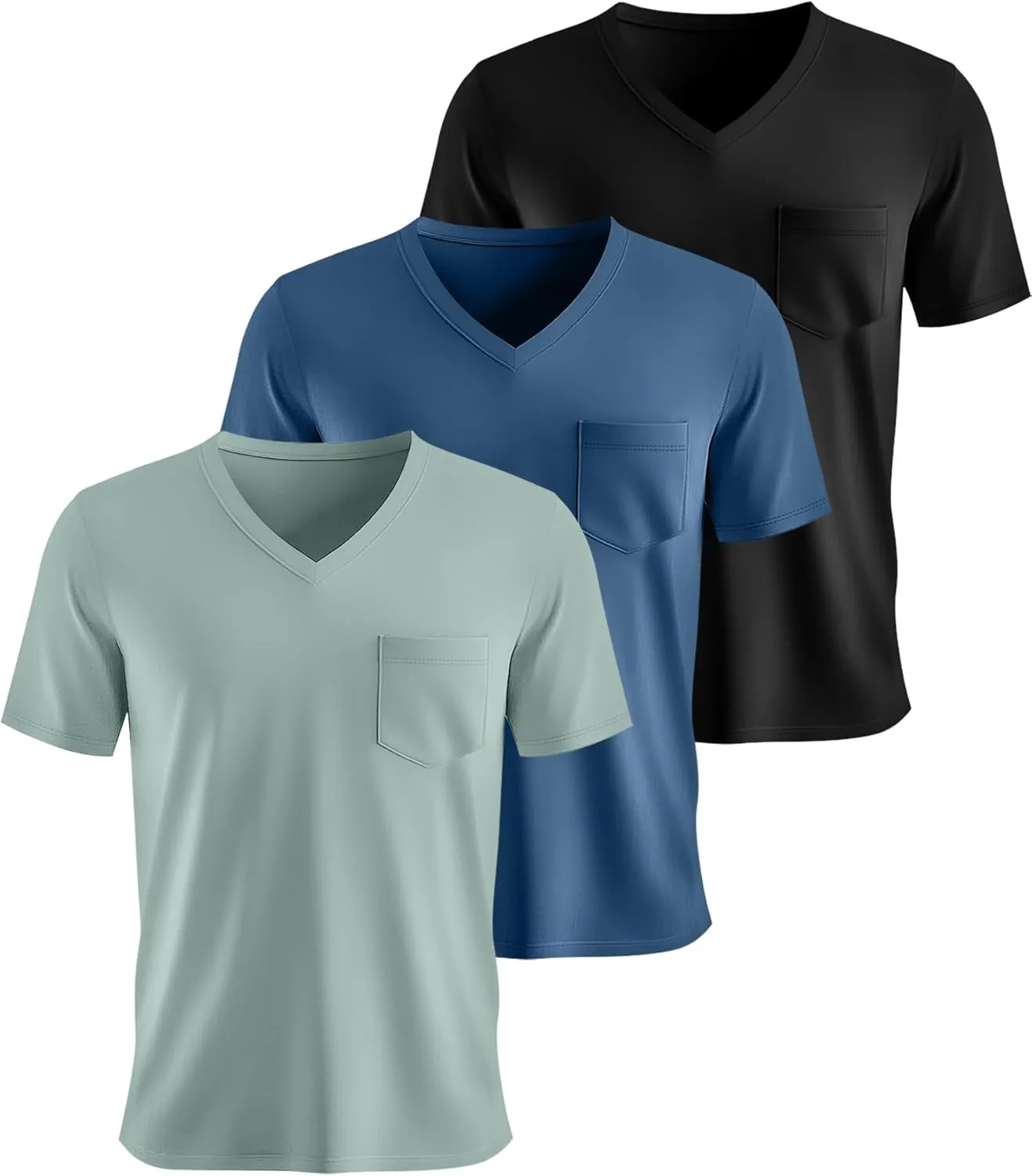 Ficerd 3 Pack Men's V Neck T Shirts Short Sleeve Plus Size Tee Loose Casual Top Cotton Basic Oversized Shirts with Pocket