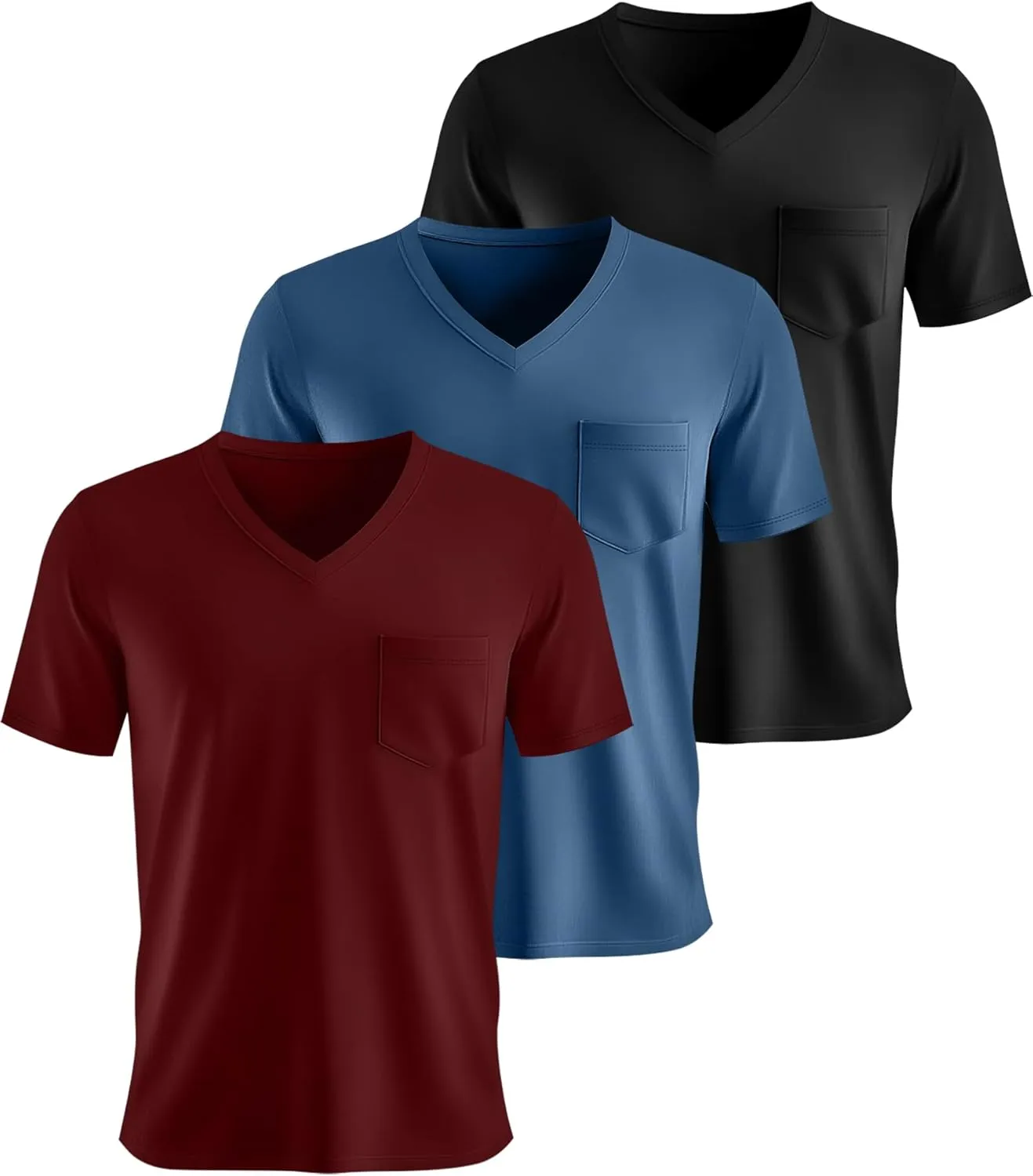 Ficerd 3 Pack Men's V Neck T Shirts Short Sleeve Plus Size Tee Loose Casual Top Cotton Basic Oversized Shirts with Pocket