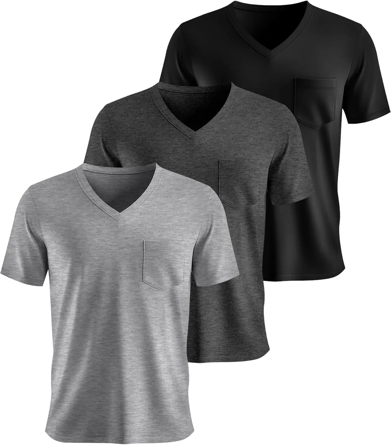 Ficerd 3 Pack Men's V Neck T Shirts Short Sleeve Plus Size Tee Loose Casual Top Cotton Basic Oversized Shirts with Pocket
