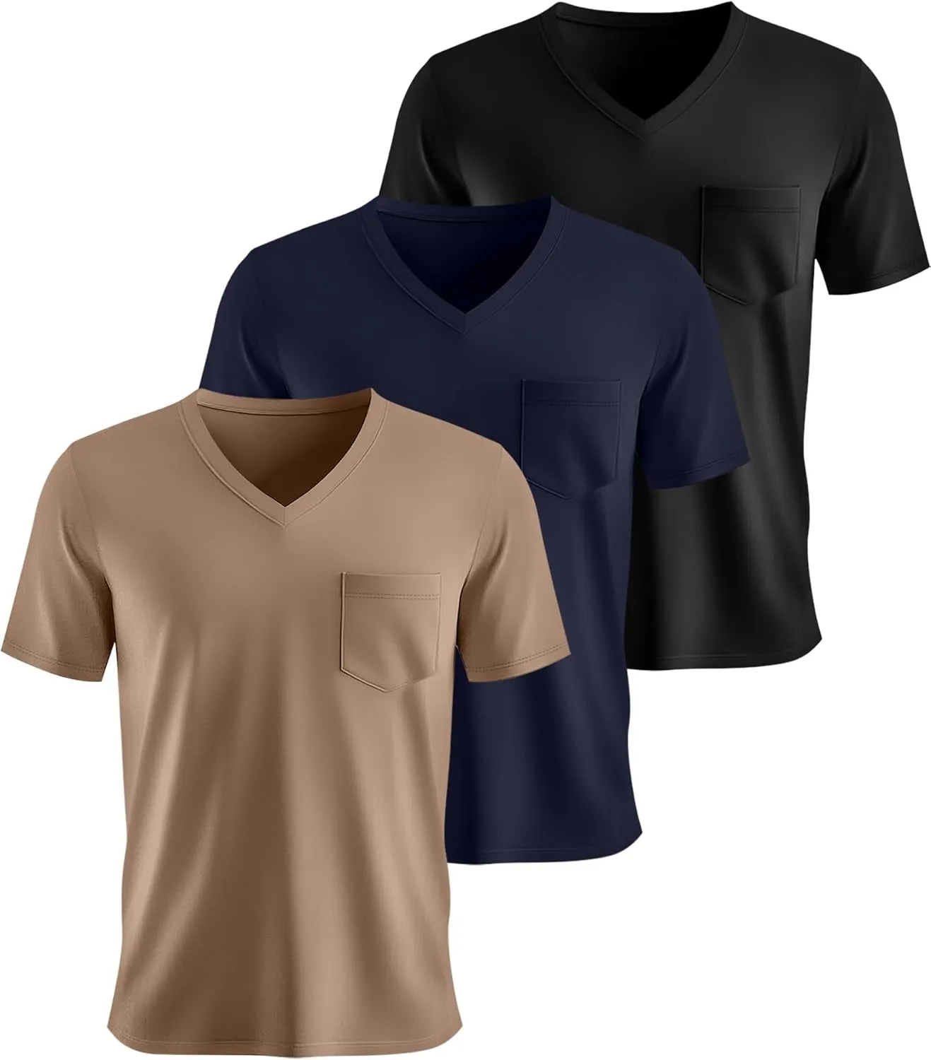 Ficerd 3 Pack Men's V Neck T Shirts Short Sleeve Plus Size Tee Loose Casual Top Cotton Basic Oversized Shirts with Pocket